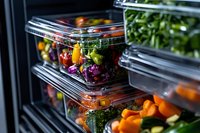 Fresh colorful vegetables and fruits in transparent plastic containers on refrigerator shelf, ready-to-eat healthy meal prep with vibrant produce and salad ingredients.