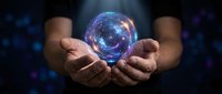 Hands holding glowing digital sphere with network connections representing technology, innovation and future concepts for business presentations.
