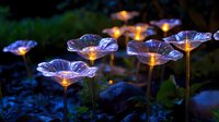 Glowing glass flower garden lights illuminate dark landscape with magical purple and orange hues, creating enchanting outdoor ambiance for garden decor.