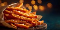 Crispy golden sweet potato fries with sea salt on rustic wooden board against warm bokeh lights background for restaurant menu and food photography.