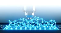 Wireless router transmitting data through glowing blue network mesh structure, representing internet connectivity and digital communication technology.