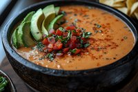 Creamy tomato soup garnished with fresh avocado slices, diced tomatoes and herbs in black bowl, served with tortilla chips for healthy comfort meal.