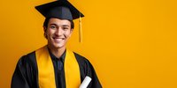 Young Hispanic male graduate in cap and gown with yellow stole holding diploma against bright yellow background, celebrating academic achievement.