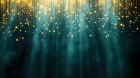 Magical golden stars and light particles falling on dark teal background with glowing rays, creating ethereal atmosphere for festive designs and celebrations.
