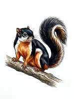 Fox squirrel with black and orange fur perched on branch, isolated on white background for design, clipart, and educational use.