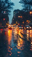Rainy evening city street with glowing traffic lights and car headlights reflecting on wet asphalt, creating atmospheric bokeh effect in moody blue and orange tones.