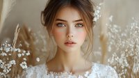Young Caucasian woman in white lace wedding dress with natural makeup and romantic updo hairstyle surrounded by delicate white flowers and soft bokeh background.