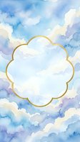 Watercolor sky background with soft blue and purple clouds, featuring a gold ornate frame with copy space for text or logo.