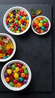Colorful assorted candies and gummy bears in white bowls on dark slate background, sweet treats for party celebrations and dessert displays.