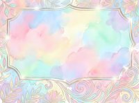 Pastel rainbow watercolor background with golden floral ornamental frame, soft dreamy colors for greeting cards, invitations, and scrapbooking.
