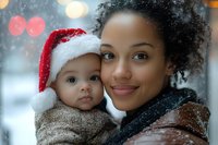 African American mother and baby wearing Santa hat share tender moment outdoors in winter with bokeh lights and snow falling in background.