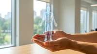Hands holding transparent human body model with visible internal organs and circulatory system for medical education, healthcare training, anatomy learning, and clinical presentations.