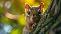 Curious squirrel peeking from behind tree trunk in sunlit forest setting with golden bokeh background and shallow depth of field creating dreamy natural atmosphere.