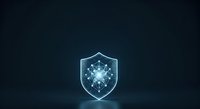 Glowing shield with connected network nodes and digital particles on dark background, representing cybersecurity, data protection, and network safety for tech applications.