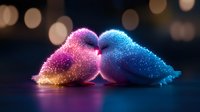 Glowing birds silhouettes kissing in pink and blue colors with sparkle effect on dark background with bokeh lights, romantic Valentine's day concept.
