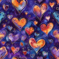Vibrant seamless pattern with watercolor hearts in orange, purple and blue colors on cosmic background. Perfect for romantic designs, valentines cards and fabric prints.