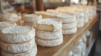Artisanal white rind cheese wheels aging on wooden shelf in traditional cheese cellar, showing natural mold ripening process and craftsmanship in dairy production.