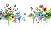 Watercolor spring gardening border with flowers, tools, watering can and birdhouse dripping paint effect on white background for seasonal designs.