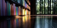 Colorful book spines on wooden shelf creating rainbow reflection on polished surface, dramatic lighting through window creates atmospheric library scene.