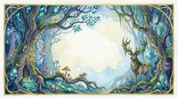 Watercolor enchanted forest frame with majestic deer, glowing fairies, mushrooms, and twisted trees forming an arch around a soft copy space.