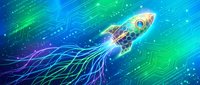 Rocket ship launching through digital circuit pathways with glowing neon green and blue light trails, representing technology innovation and startup growth for business concepts.