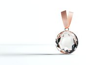 Crystal pendant with rose gold ribbon on white background, minimalist jewelry design featuring round faceted gemstone, isolated for luxury accessories marketing.