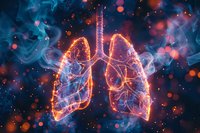 Glowing orange and blue digital lungs visualization with smoke effect and bokeh particles on dark background for medical concept design.