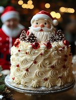 Festive holiday cake decorated with white cream rosettes, red berries and Santa figurine topper with warm bokeh lights creating magical atmosphere.