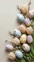 Easter composition with painted eggs, pastel tulips and pussy willow branches on neutral background for spring holiday decorations and greeting cards.