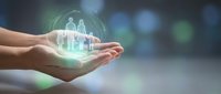 Hands protecting holographic family figures with glowing shield, symbolizing life insurance, healthcare coverage and family security concept for financial planning.