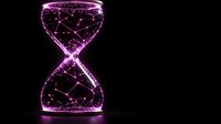 Digital hourglass with glowing purple neon wireframe structure and particle effects on black background for technology and time management concepts.