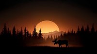 Majestic moose silhouette walking through misty forest landscape at golden sunset with mountain ranges and evergreen trees creating serene wilderness atmosphere.