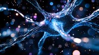 Glowing blue neuron with synaptic connections on dark background with bokeh lights, illustrating neural network activity and brain cell communication in science.