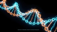 DNA double helix structure with glowing neon blue and orange strands on black background, representing genetic research, biotechnology, and scientific innovation for medical and educational use.