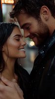 Romantic close-up of young multiethnic couple sharing intimate moment in snowfall, with soft bokeh lights and genuine smiles expressing pure joy and tenderness.