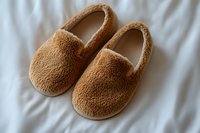 Cozy brown fuzzy slippers on white bedding for comfortable home relaxation and warmth during cold weather seasons.