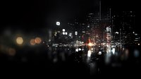 Dark cityscape with glowing lights and reflections creating moody urban atmosphere at night, skyscrapers silhouettes with bokeh effect in black background.