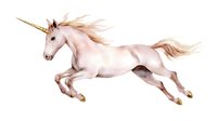 Graceful white unicorn with golden horn galloping in dynamic pose, flowing mane and tail, watercolor style artwork on isolated background for fantasy designs.