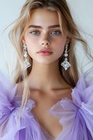 Young Caucasian woman with blue eyes wearing crystal drop earrings and lavender tulle dress, natural makeup look with pink lips, blonde wavy hair falling freely around face.