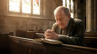 Elderly Caucasian man praying peacefully in wooden church pew with warm sunlight streaming through stained glass windows creating spiritual atmosphere.