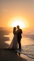 Romantic newlywed couple silhouetted against golden sunset on ocean beach, bride in flowing gown and groom in suit sharing intimate moment by waves.