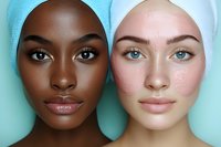 Close up portrait of two diverse women with contrasting skin tones wearing turquoise headwraps, showcasing natural beauty and facial features against mint background.