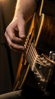 Close-up of male musician's hand playing acoustic guitar strings with warm golden lighting creating atmospheric mood for music and performance concepts.