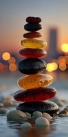 Colorful sea glass stones stacked in perfect balance against sunset cityscape with bokeh lights, symbolizing harmony and mindfulness in urban life.