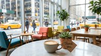 Cozy modern cafe interior with latte art coffee cup and thank you note beside a succulent plant, colorful chairs and city street view in background.