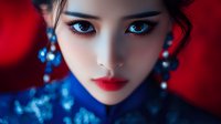 Young Asian woman with bright blue eyes and red lipstick wearing blue traditional dress and crystal earrings against red background, dramatic portrait lighting.