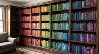 Rainbow organized bookshelf with color-coordinated books from red to purple in wooden library shelving unit for home office interior design.