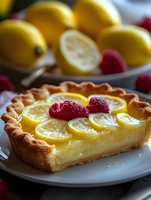 Fresh lemon tart garnished with bright raspberries and thin citrus slices on white plate, with whole lemons in background, showcasing homemade dessert presentation.