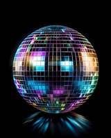 Shiny disco ball with colorful light reflections on black background, mirror ball casting blue glow underneath, retro party and dance club symbol.