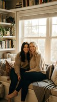 Two young women friends sitting together on cozy window seat with built-in bookshelves, smiling and bonding in warm natural light home interior.